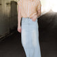 Women's long light wash modest denim-jean skirt.