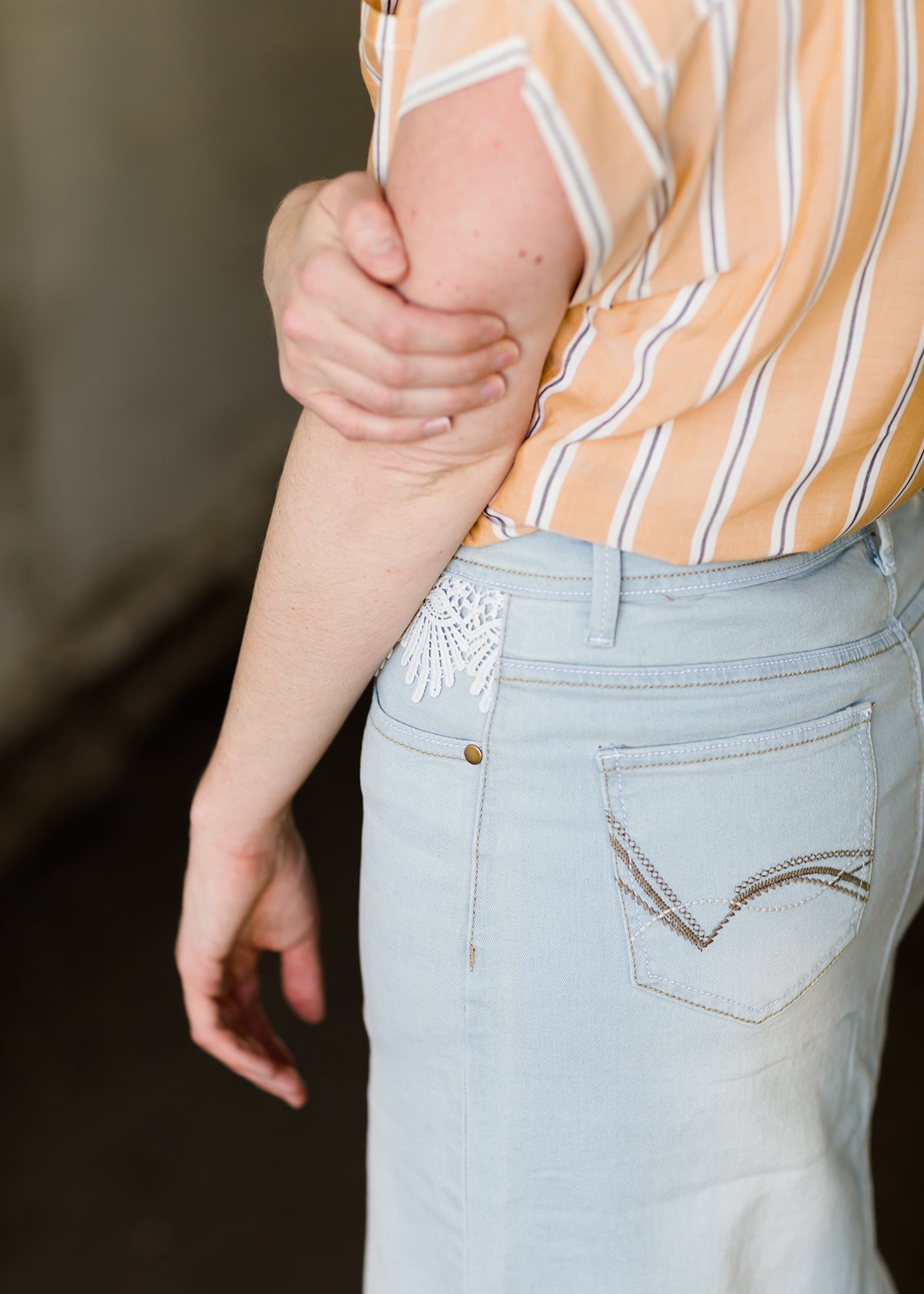 Women's long light wash modest denim-jean skirt with lace pockets