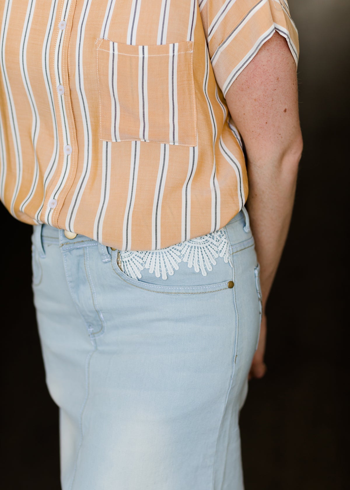 Women's long light wash modest denim-jean skirt with lace pockets