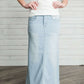 Women's long light wash modest denim-jean skirt.
