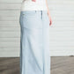 Women's long light wash modest denim-jean skirt.