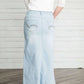 Women's long light wash modest denim-jean skirt.