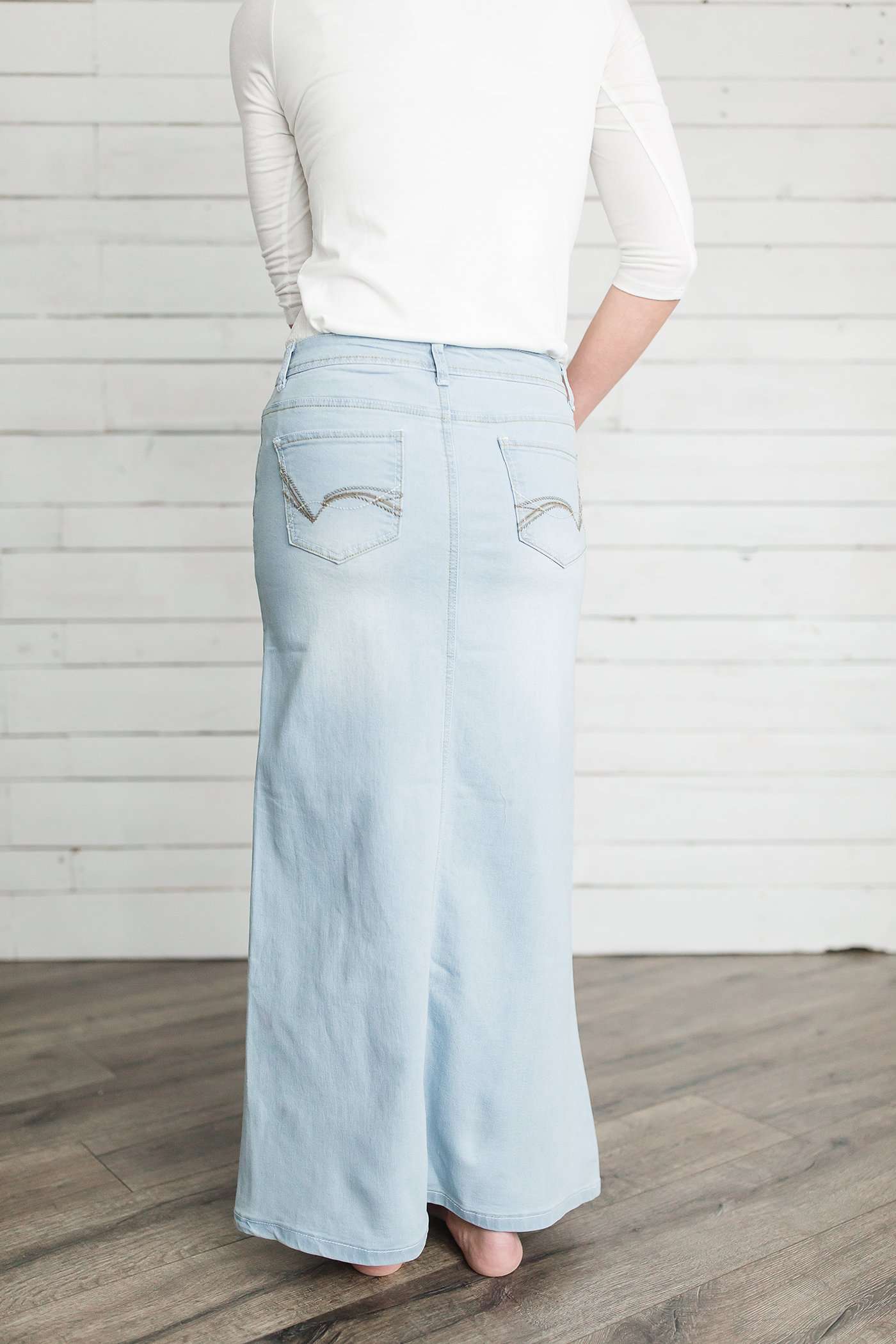 Women's long light wash modest denim-jean skirt.