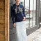 Women's long light wash modest denim-jean skirt with lace pockets