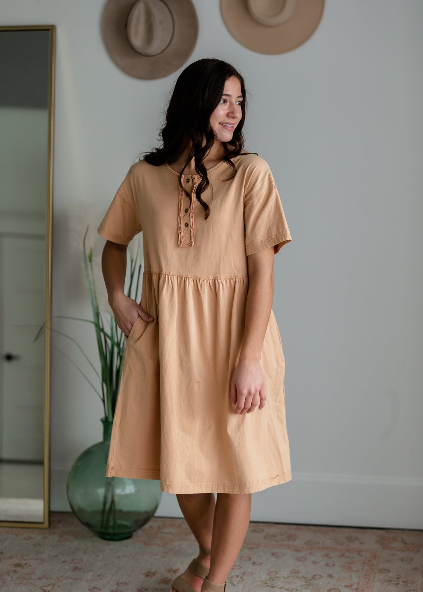 Half Button Up Midi Dress with Distressed Detail Dresses Polagram