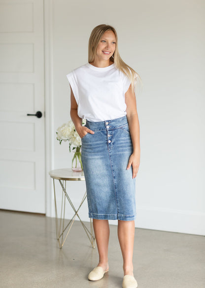 Hannah Four Button Denim Midi Skirt - FINAL SALE Skirts