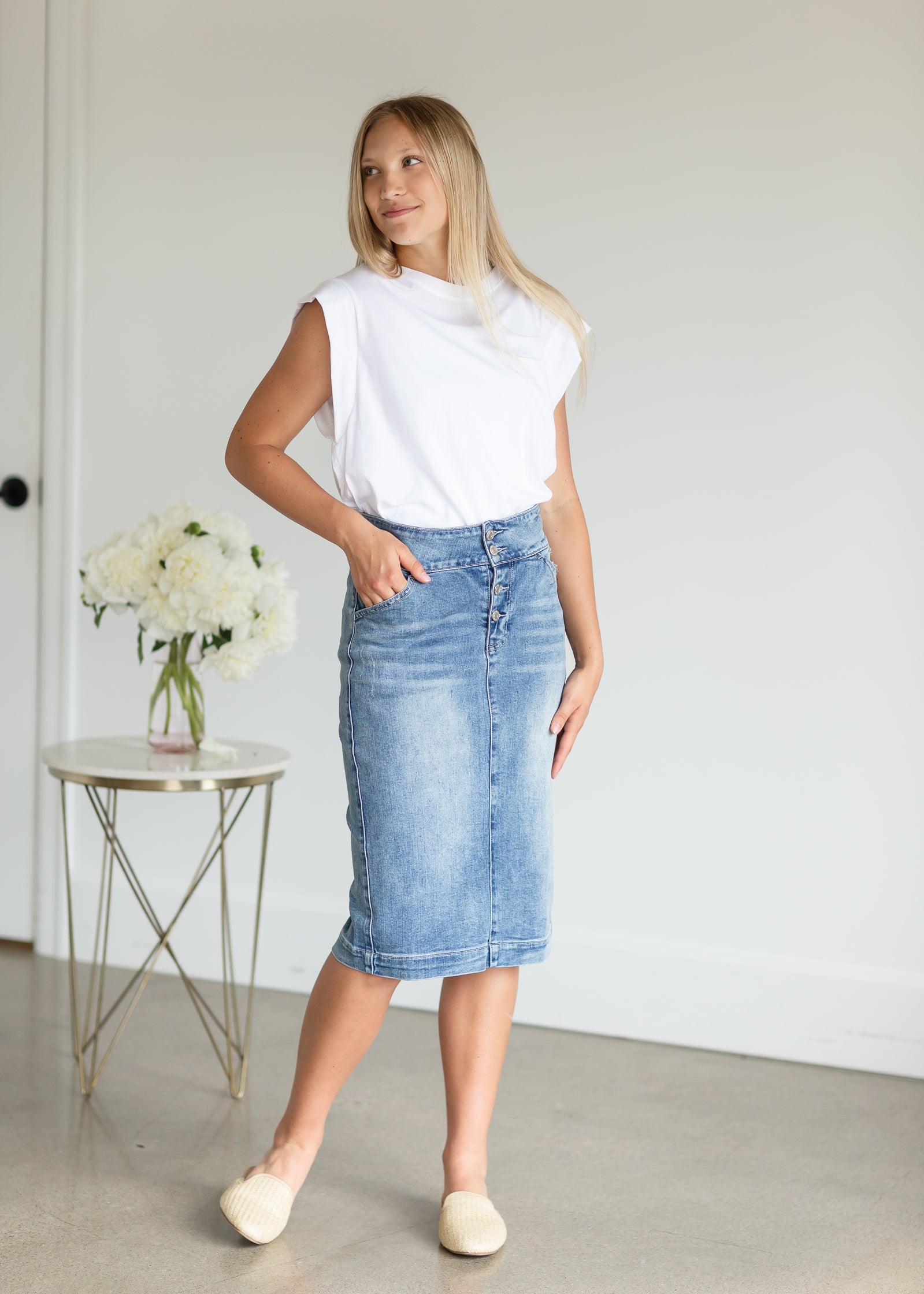 Hannah Four Button Denim Midi Skirt - FINAL SALE Skirts
