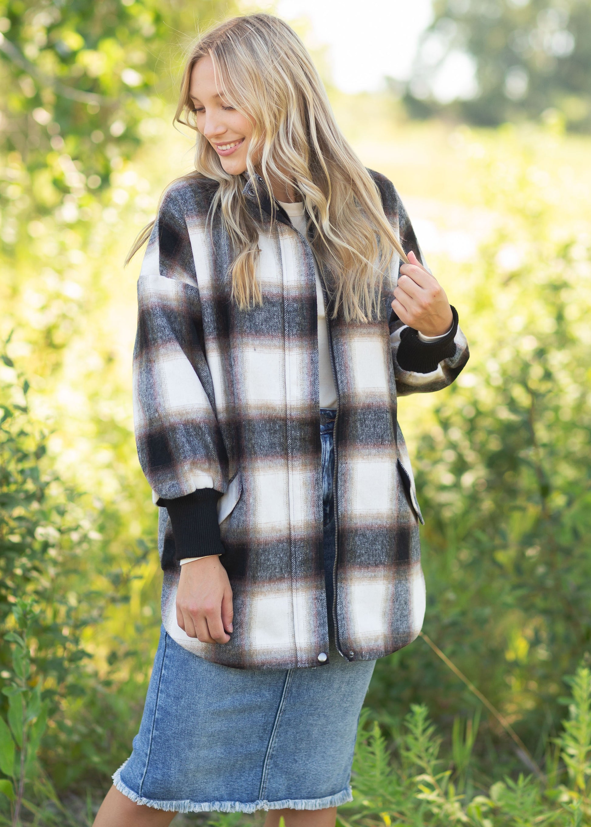 Harper Black Plaid Zip Up Shacket Tops