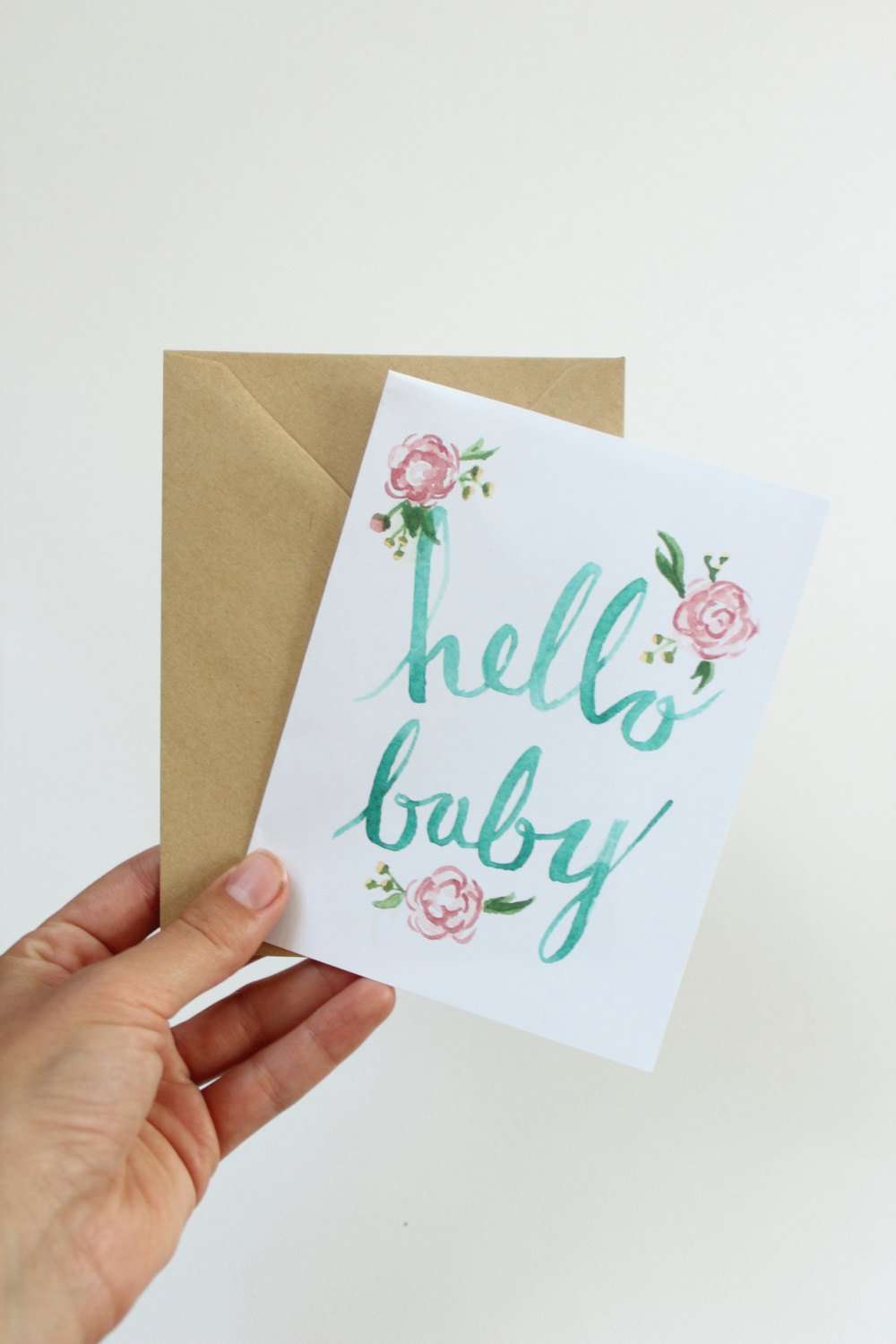watercolor hello baby gift card in teal and pink