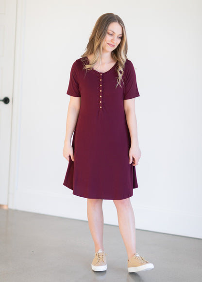 Henley Button Short Sleeve Knit Dress Dresses Burgundy / S