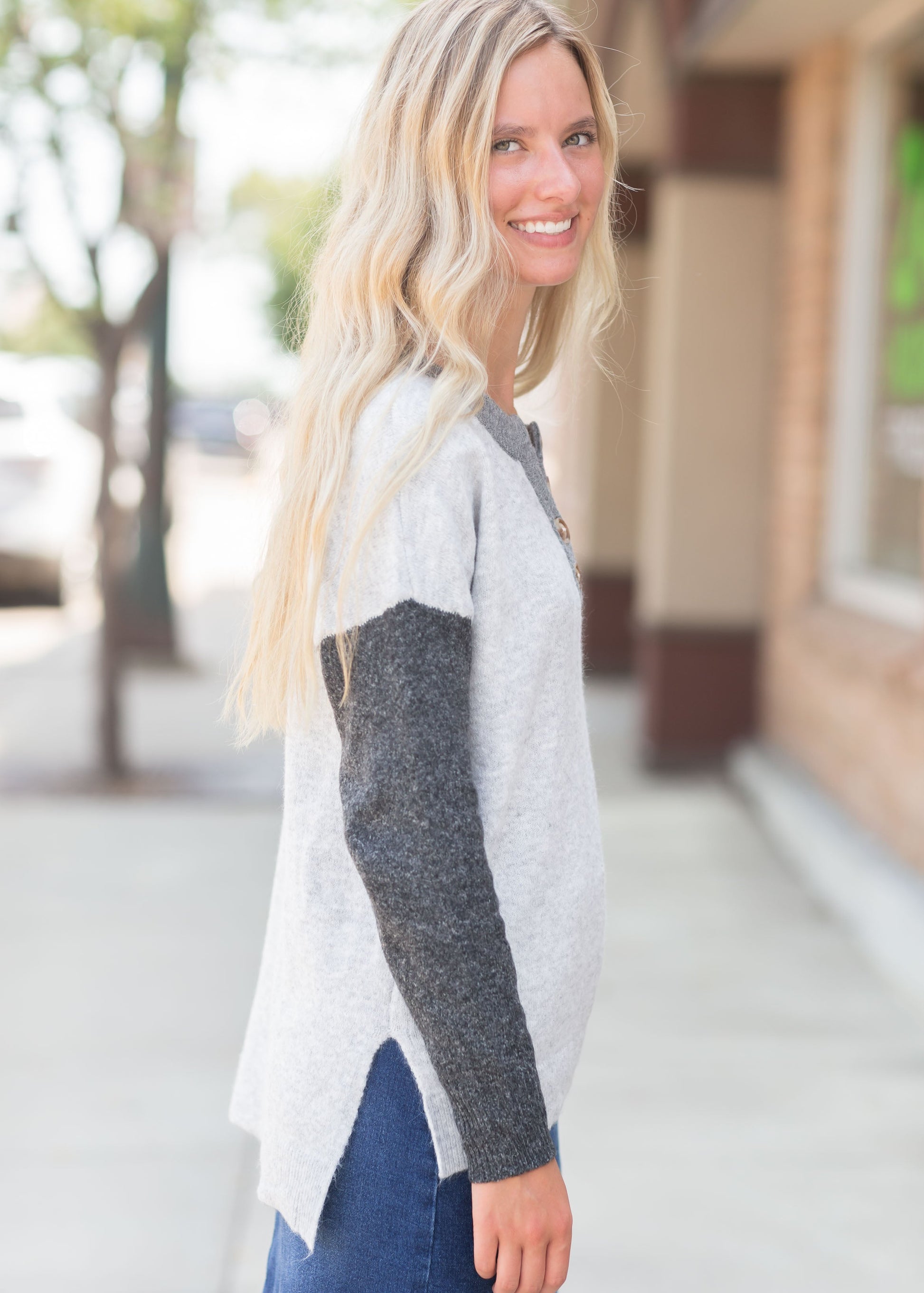 Henley Long Sleeve Color Block Sweater Tops