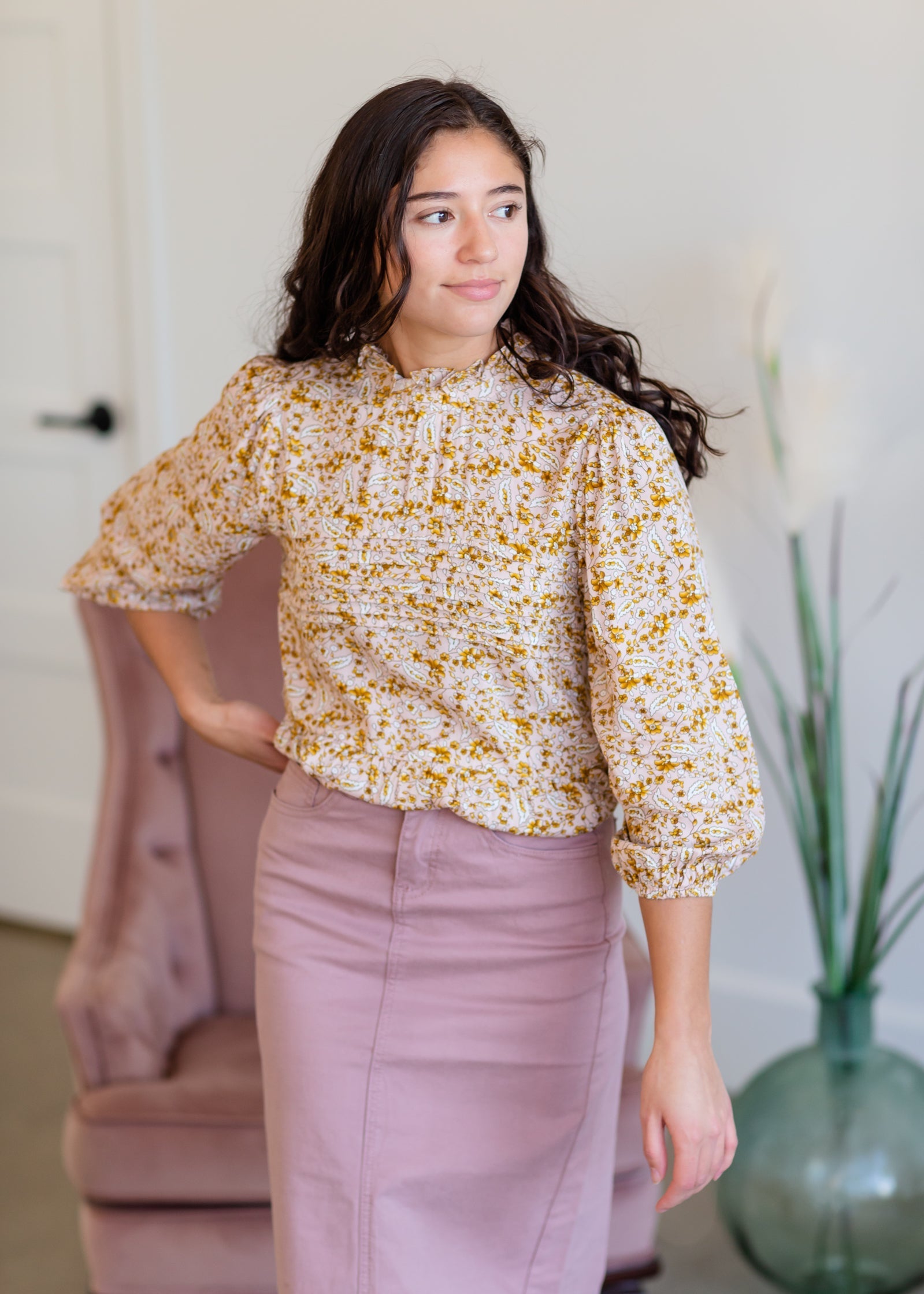 High Neck Floral Pintuck Top Shirts Polagram