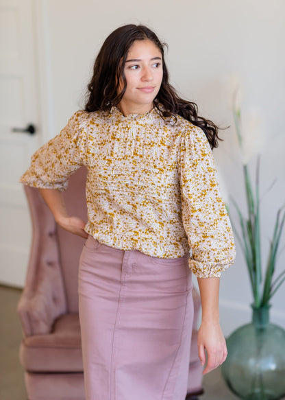 High Neck Floral Pintuck Top Shirts Polagram