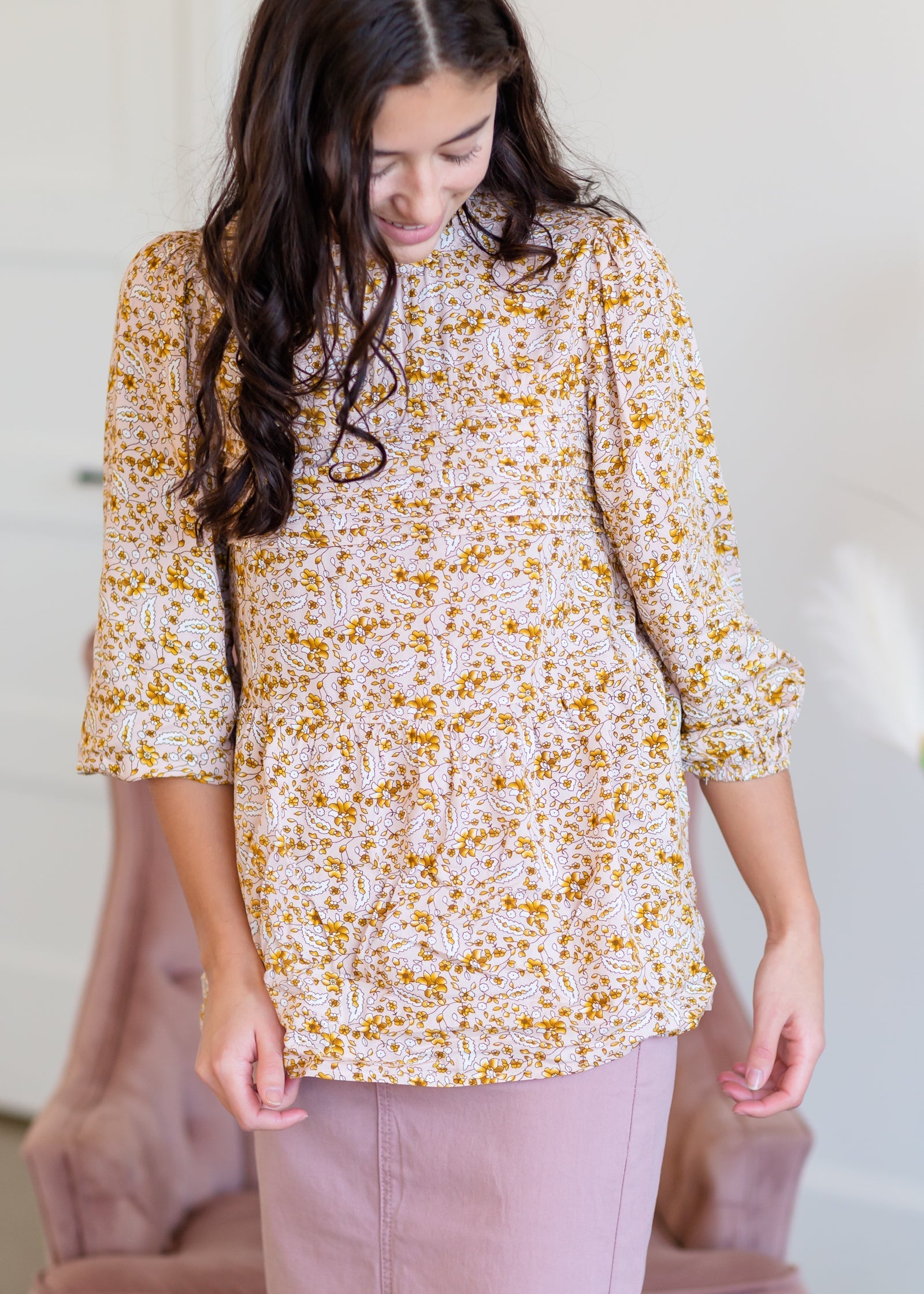 High Neck Floral Pintuck Top Shirts Polagram