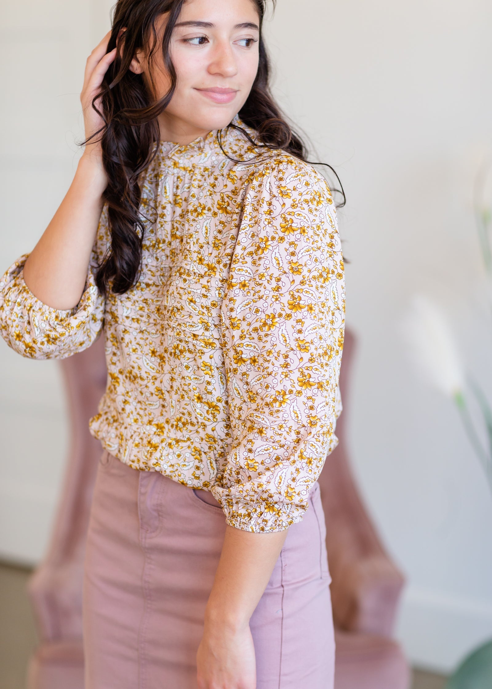 High Neck Floral Pintuck Top Shirts Polagram