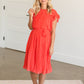 High Neck Pleated Belted Coral Midi Dress - FINAL SALE Dresses