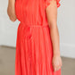 High Neck Pleated Belted Coral Midi Dress - FINAL SALE Dresses
