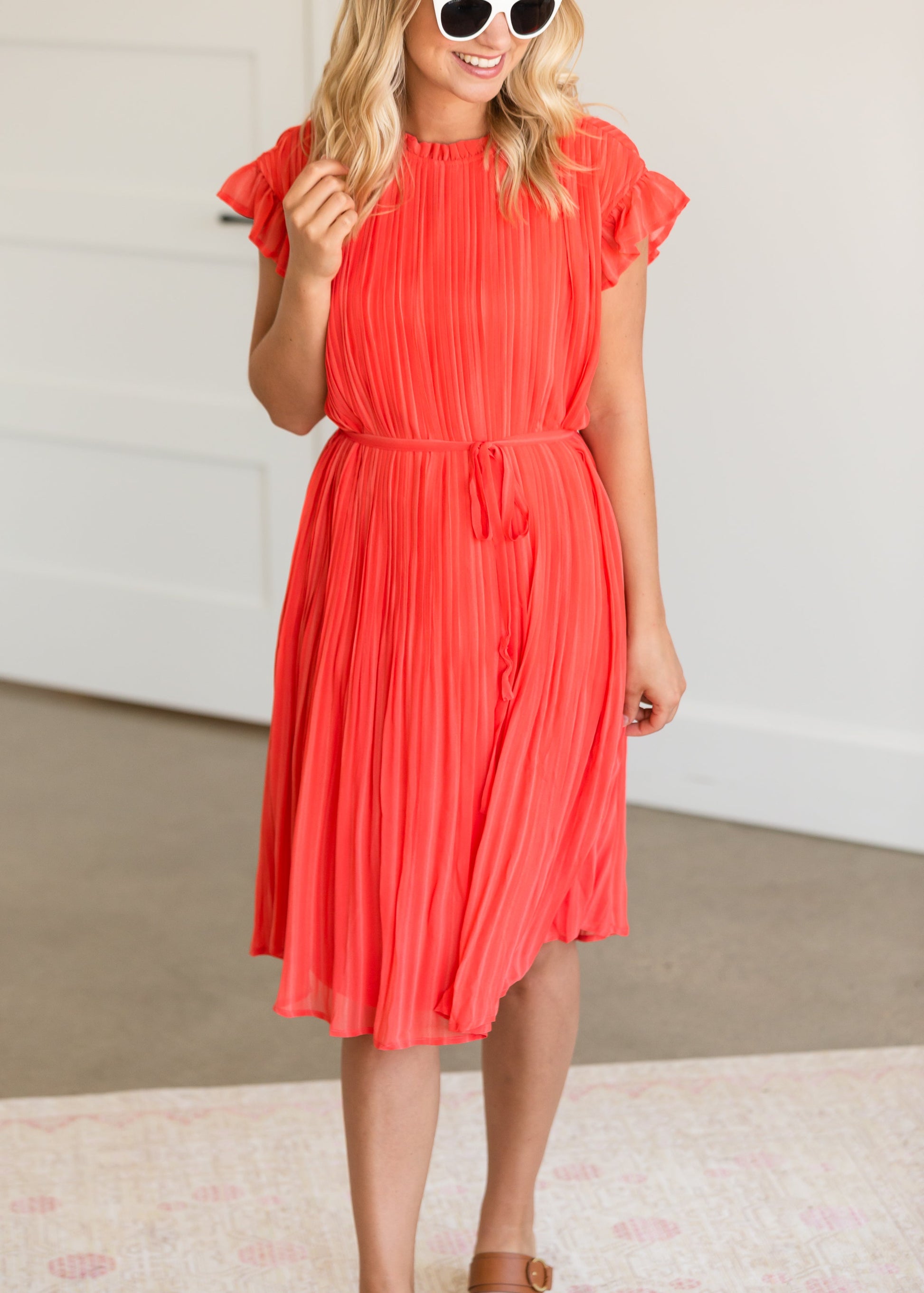 High Neck Pleated Belted Coral Midi Dress - FINAL SALE Dresses