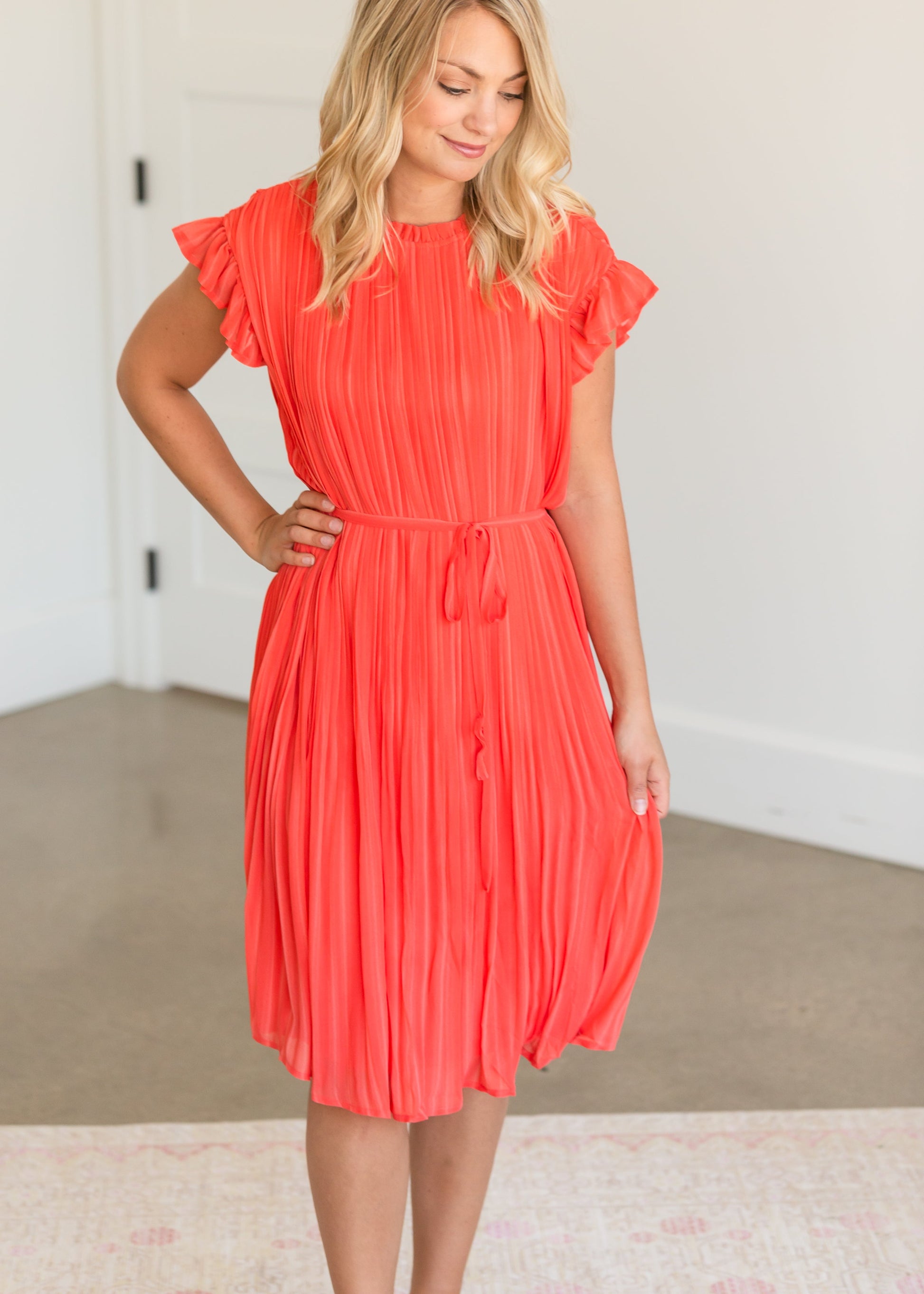 High Neck Pleated Belted Coral Midi Dress - FINAL SALE Dresses