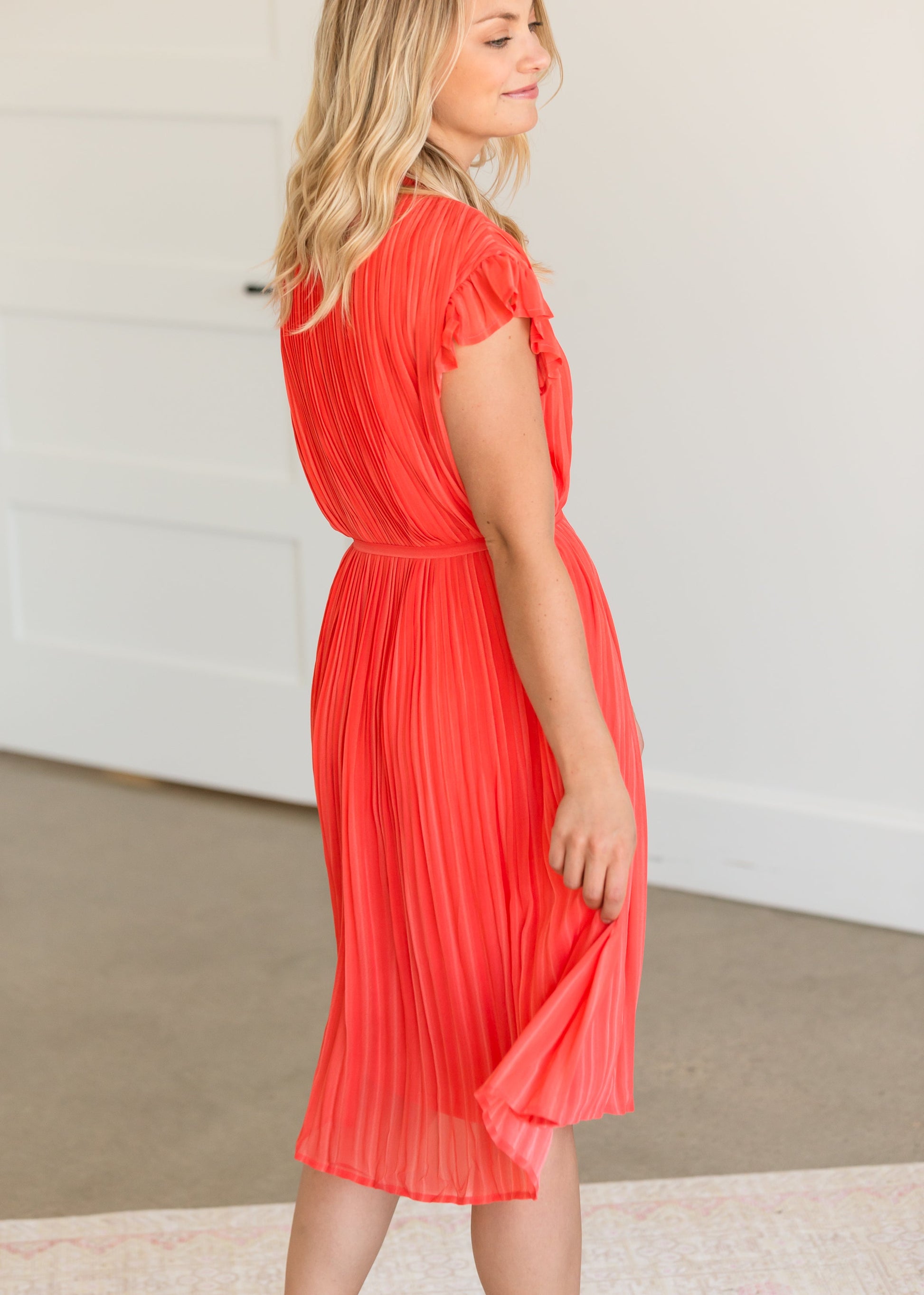 High Neck Pleated Belted Coral Midi Dress - FINAL SALE Dresses