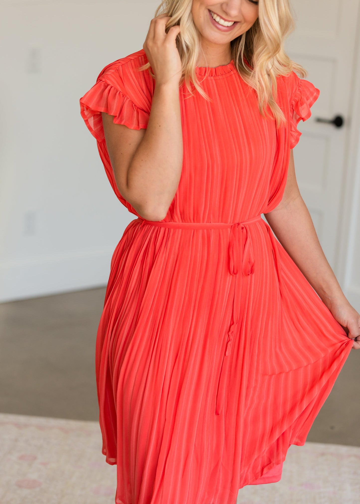 High Neck Pleated Belted Coral Midi Dress - FINAL SALE Dresses