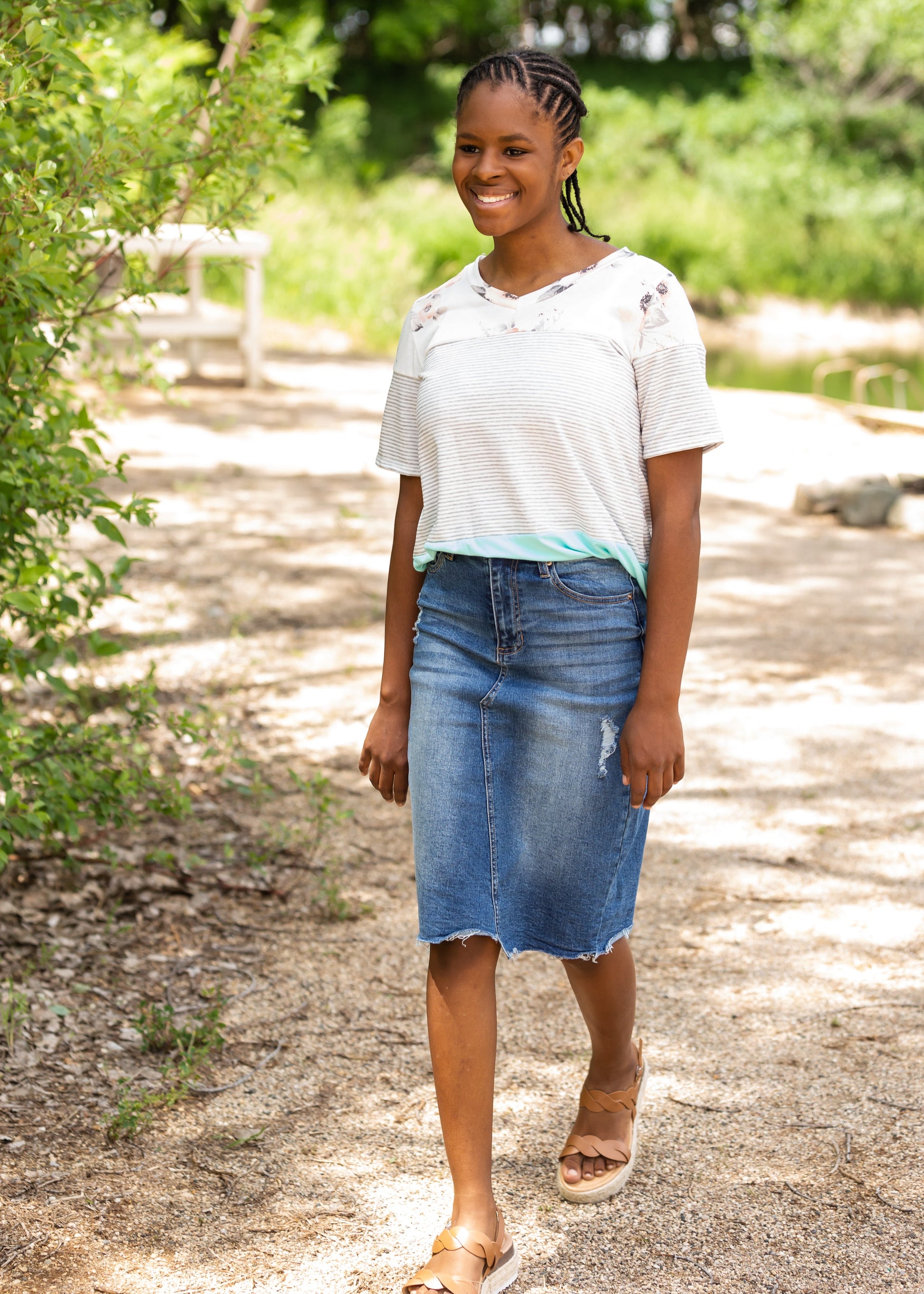 High Rise Distressed Denim Midi Skirt - FINAL SALE Skirts