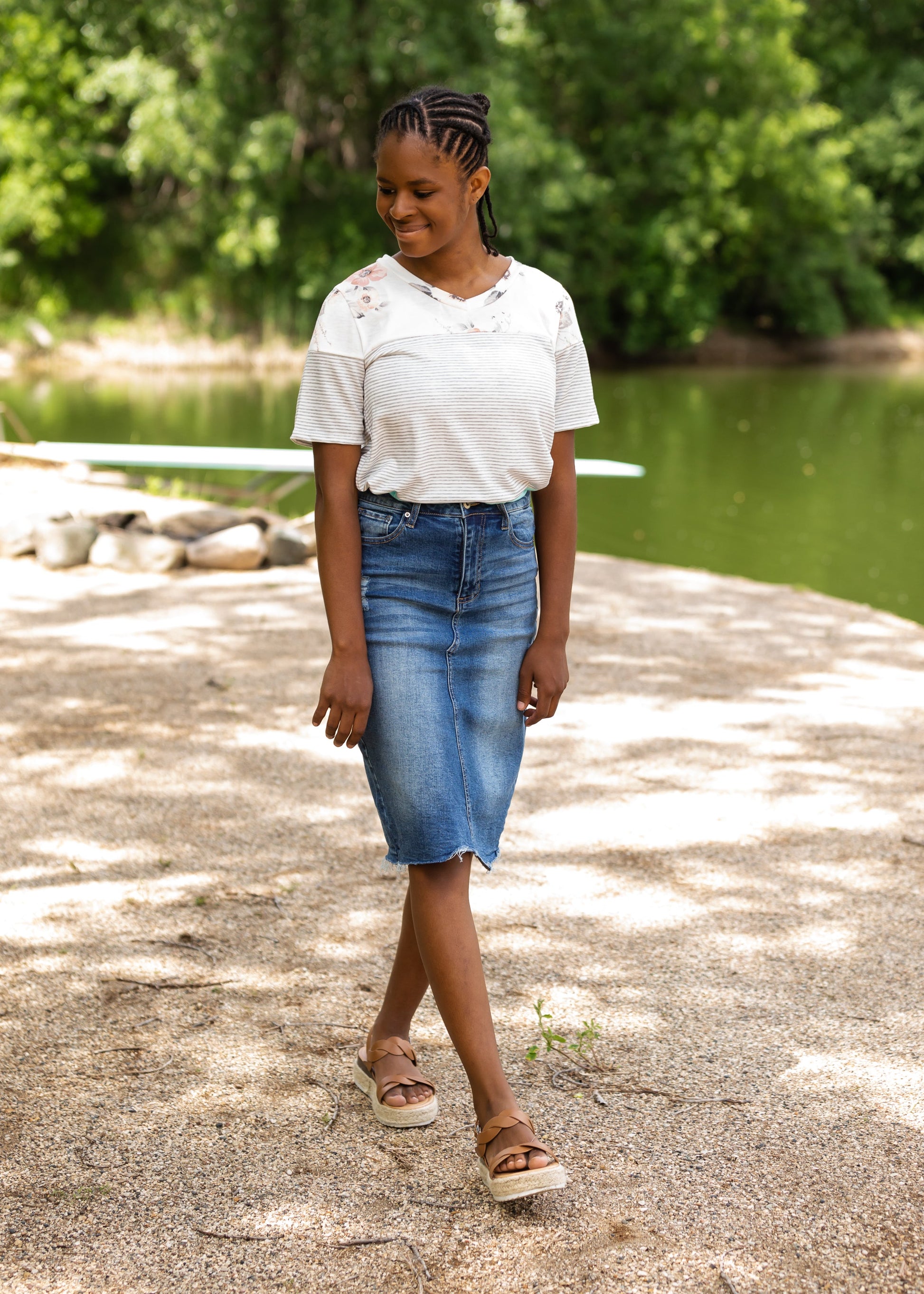 High Rise Distressed Denim Midi Skirt - FINAL SALE Skirts