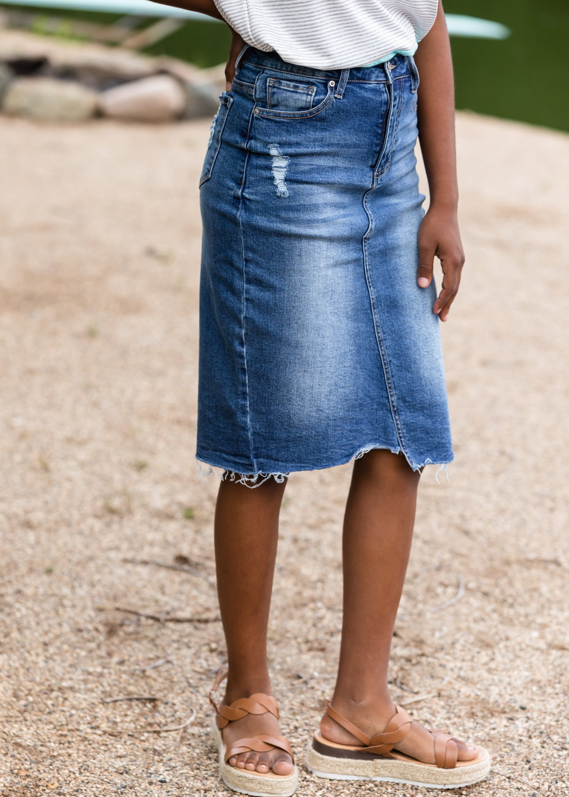 High Rise Distressed Denim Midi Skirt - FINAL SALE Skirts