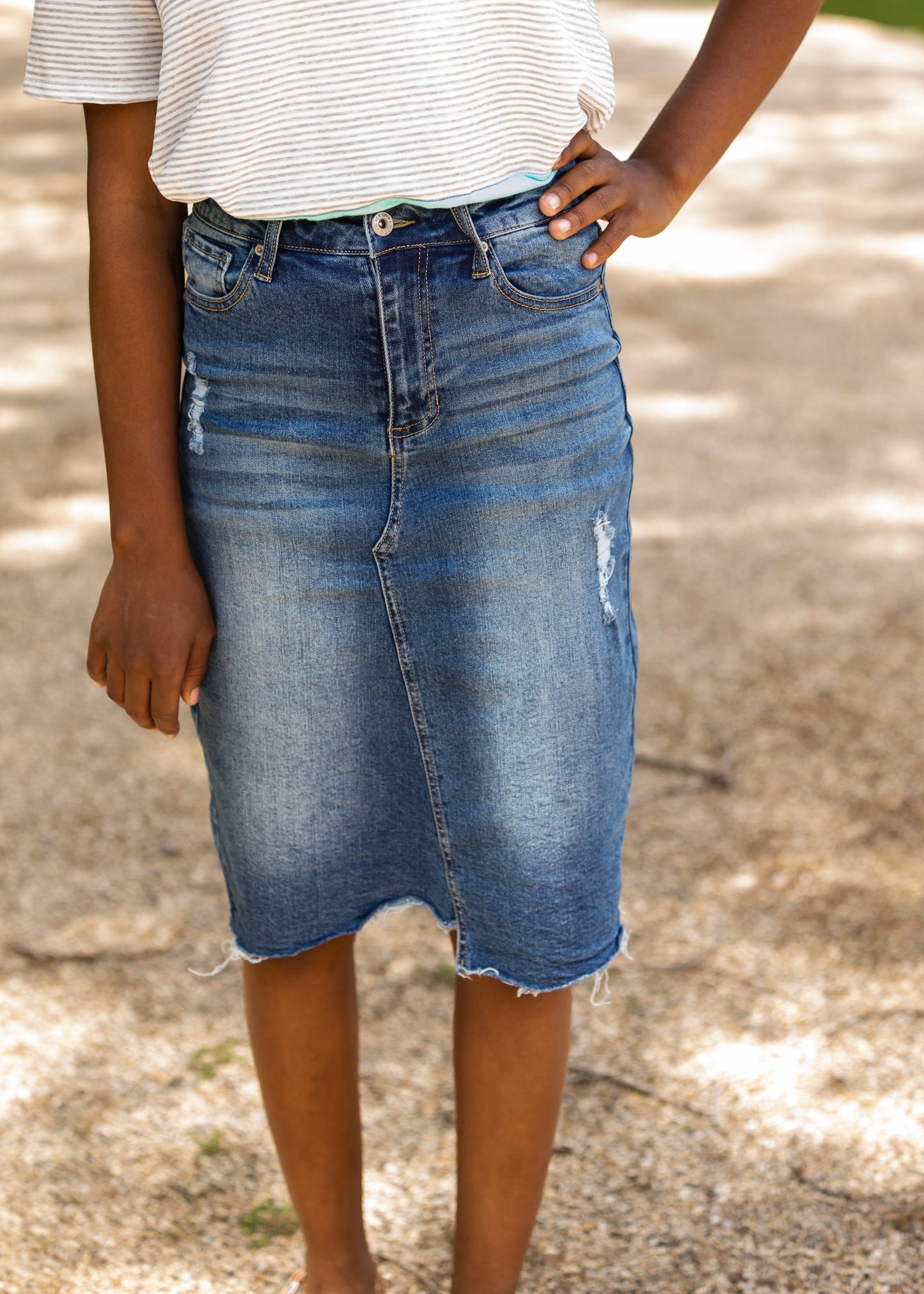 High Rise Distressed Denim Midi Skirt - FINAL SALE Skirts
