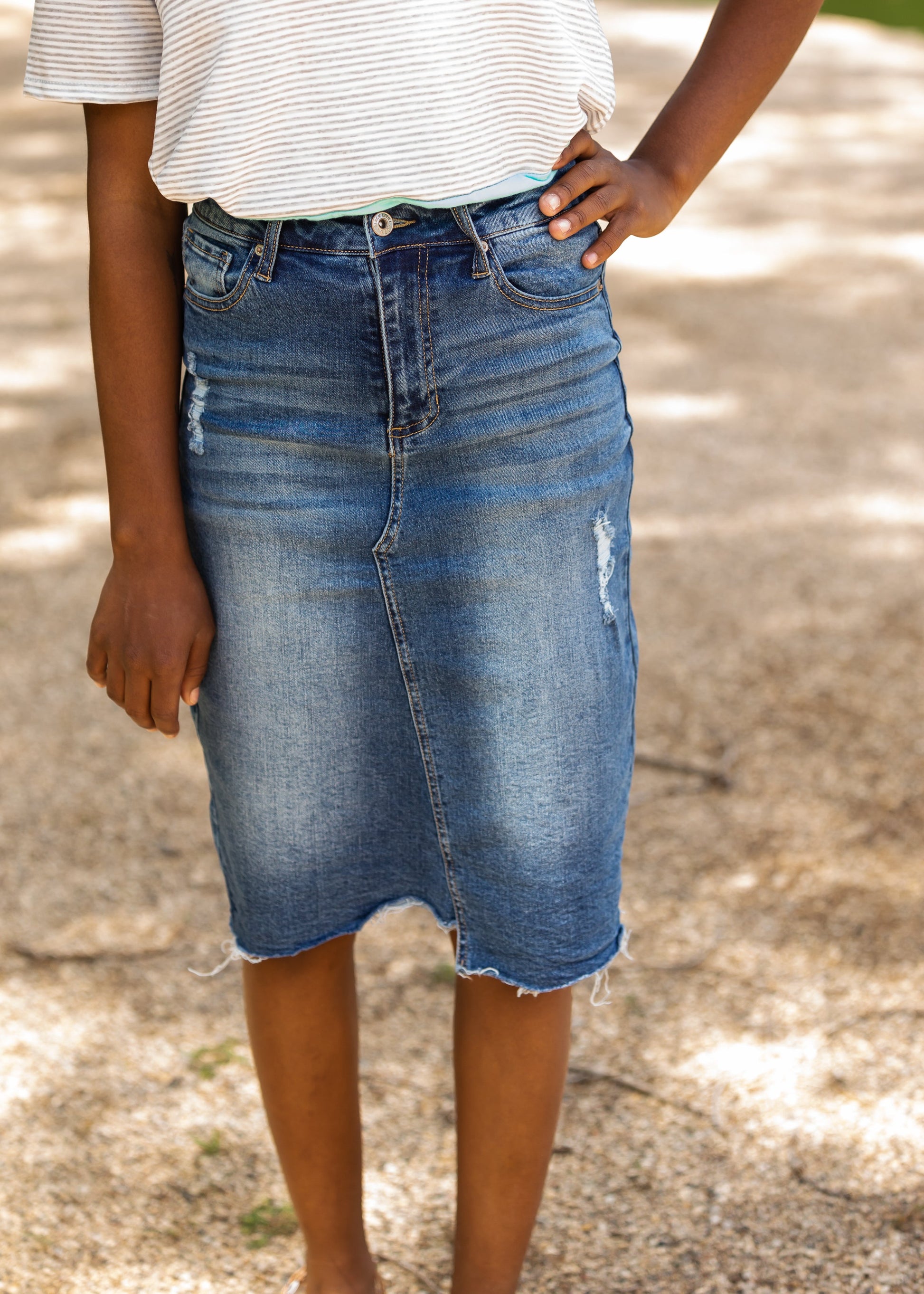 High Rise Distressed Denim Midi Skirt - FINAL SALE Skirts