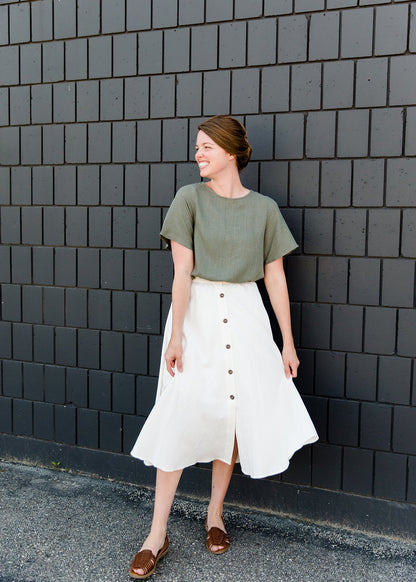 Highwaist white button front a line modest midi skirt