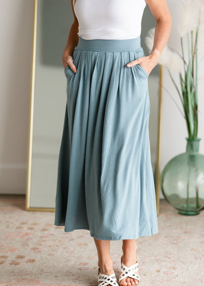 High Waist Pleated Midi Skirt Skirts Zenana Light Blue / S