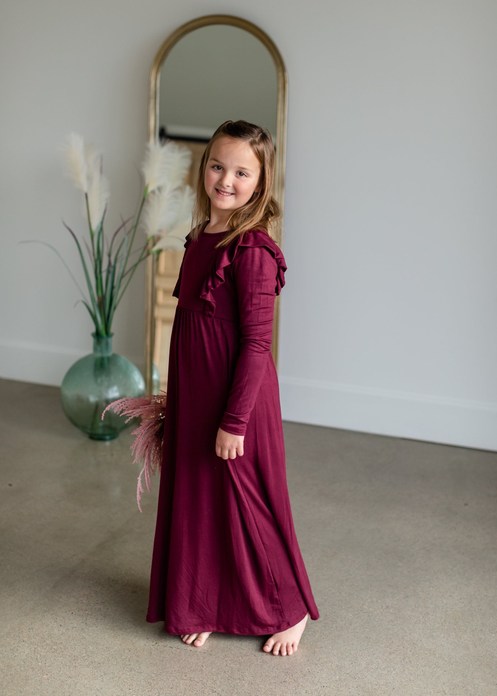 High Waist Ruffle Detail Long Sleeve Maxi Dress Girls GTOG