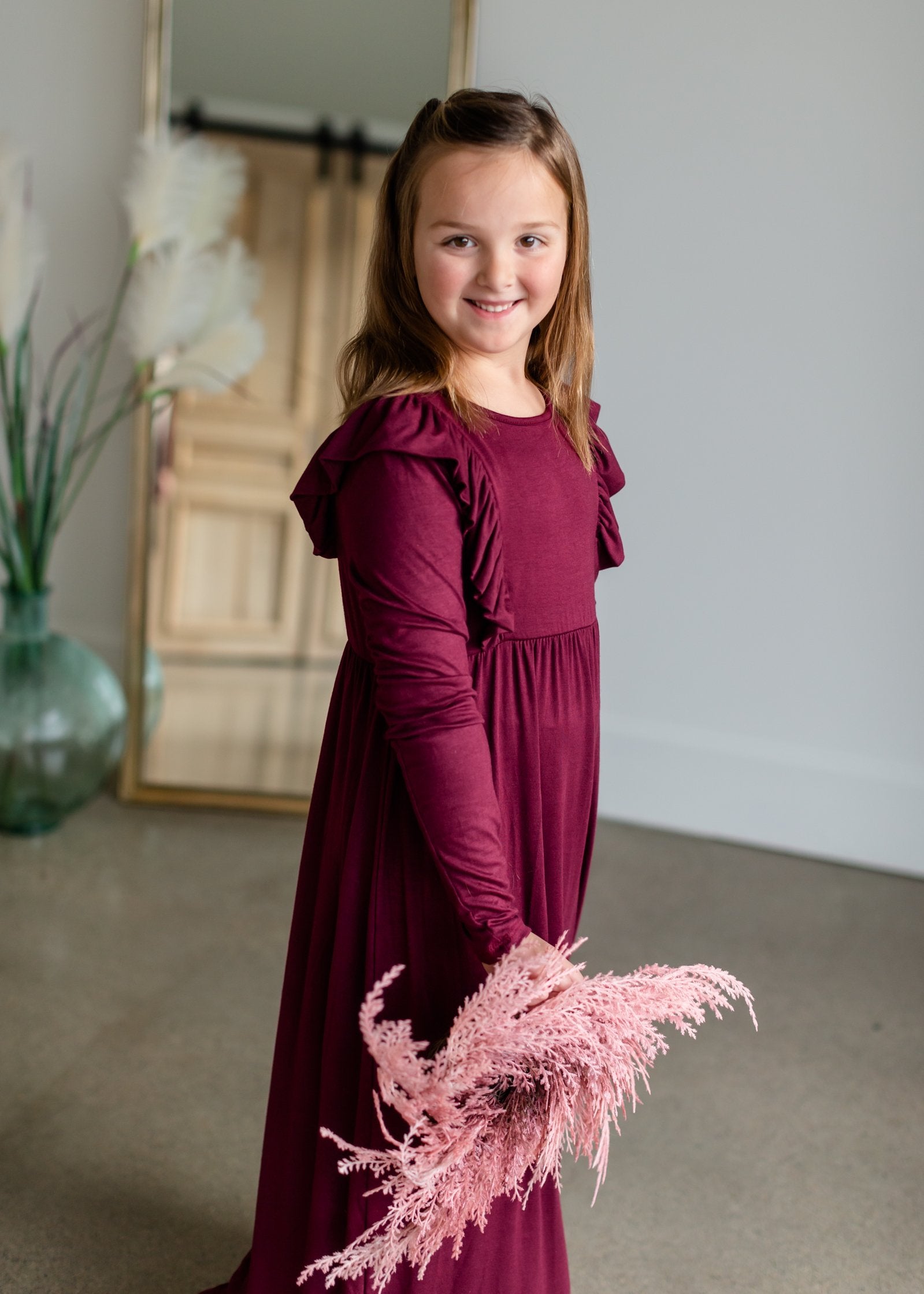 High Waist Ruffle Detail Long Sleeve Maxi Dress Girls GTOG