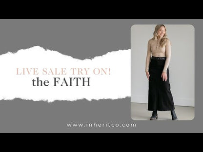 An Inherit Design, the Faith Black Long Denim Maxi Skirt is the Stella skirt in an a-line cut! No slit (but, still has great walkability), functioning pockets and a button front closure make this an easy-going everyday skirt! You will be able to elevate this skirt for church, heading out to date night, or for everyday styles making this a wardrobe staple! 