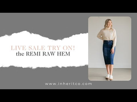 An Inherit Exclusive, the Remi Raw Hem Dark Denim Midi Skirt is cut with a modest and classic straight fit. This dark denim skirt has a raw bottom hem and will be a go-to time and time again for any occasion! The slight distressing at the hip adds fun style to your closet without any thought at being dressy or casual as it is definitely both! This skirt has awesome stretch for total comfort and no back slit while still allowing for unconstrained walking.
