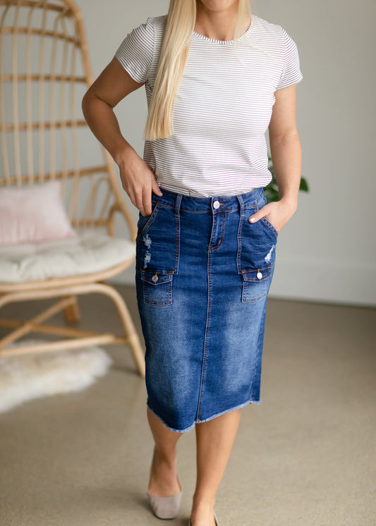Indigo Wash Square Patch Pocket Midi Skirt - FINAL SALE Skirts