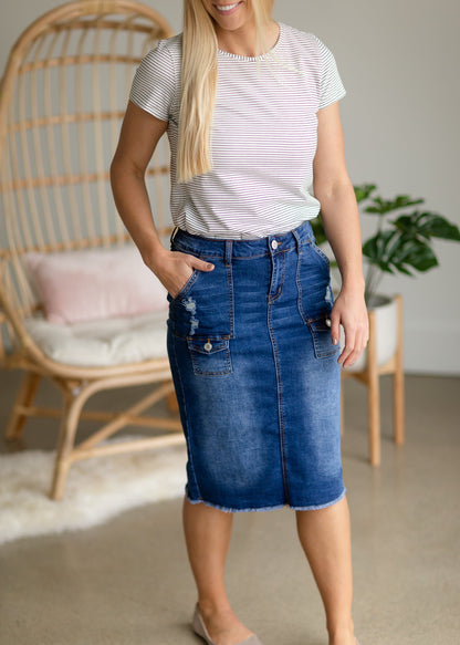 Indigo Wash Square Patch Pocket Midi Skirt - FINAL SALE Skirts