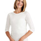 Woman wearing a three-quarter sleeve modest lace top in white, gray, black, navy and wine!
