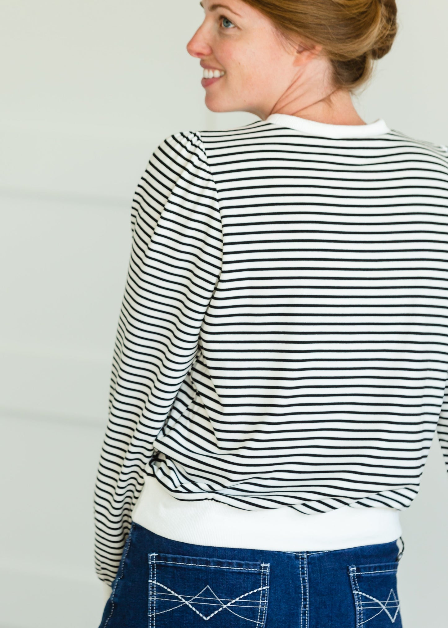 Ivory and Black Puff Sleeve Striped Sweatshirt - FINAL SALE Tops