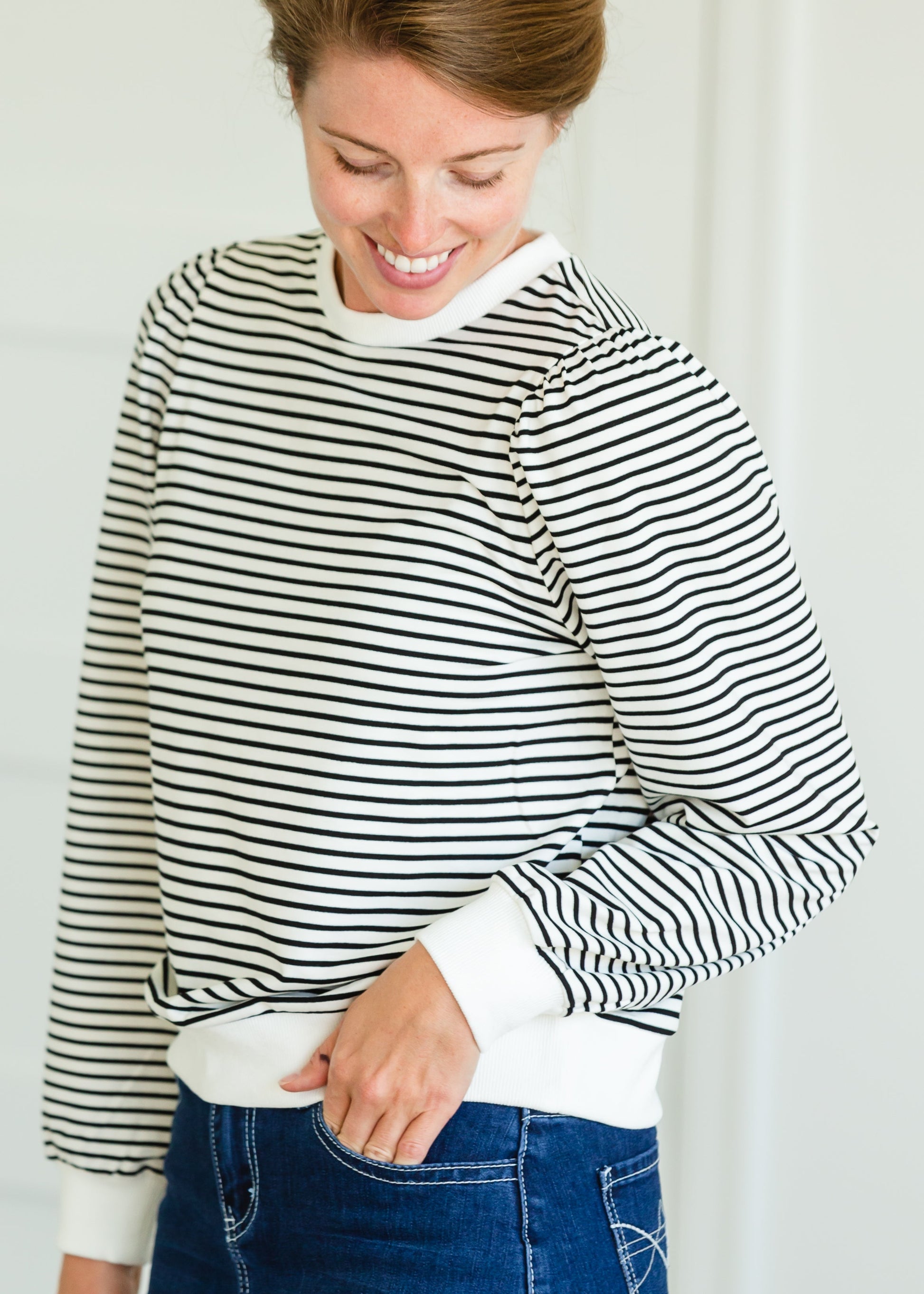 Ivory and Black Puff Sleeve Striped Sweatshirt - FINAL SALE Tops