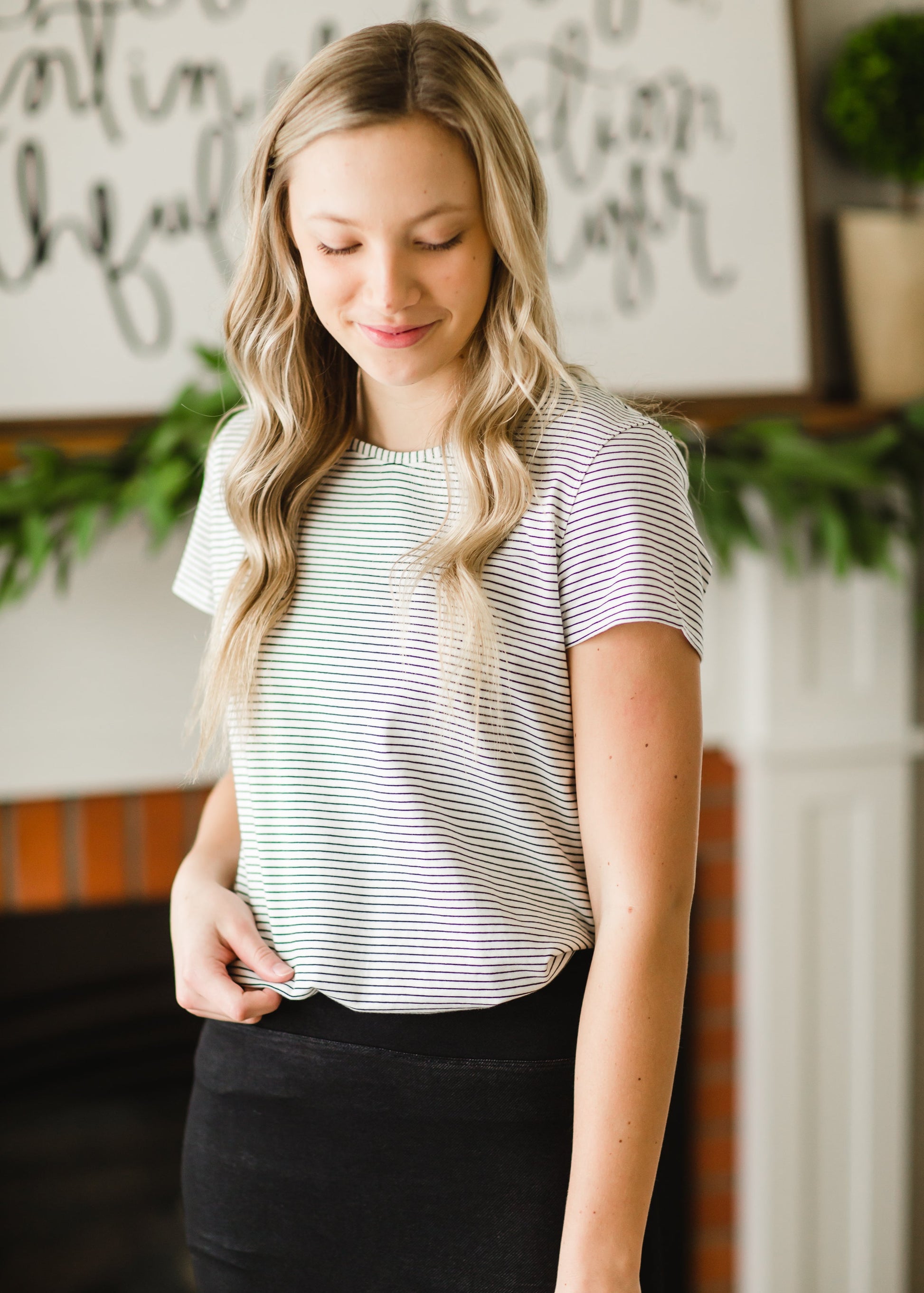 Ivory Basic Crew Neck Striped Tee - FINAL SALE Tops 2XL