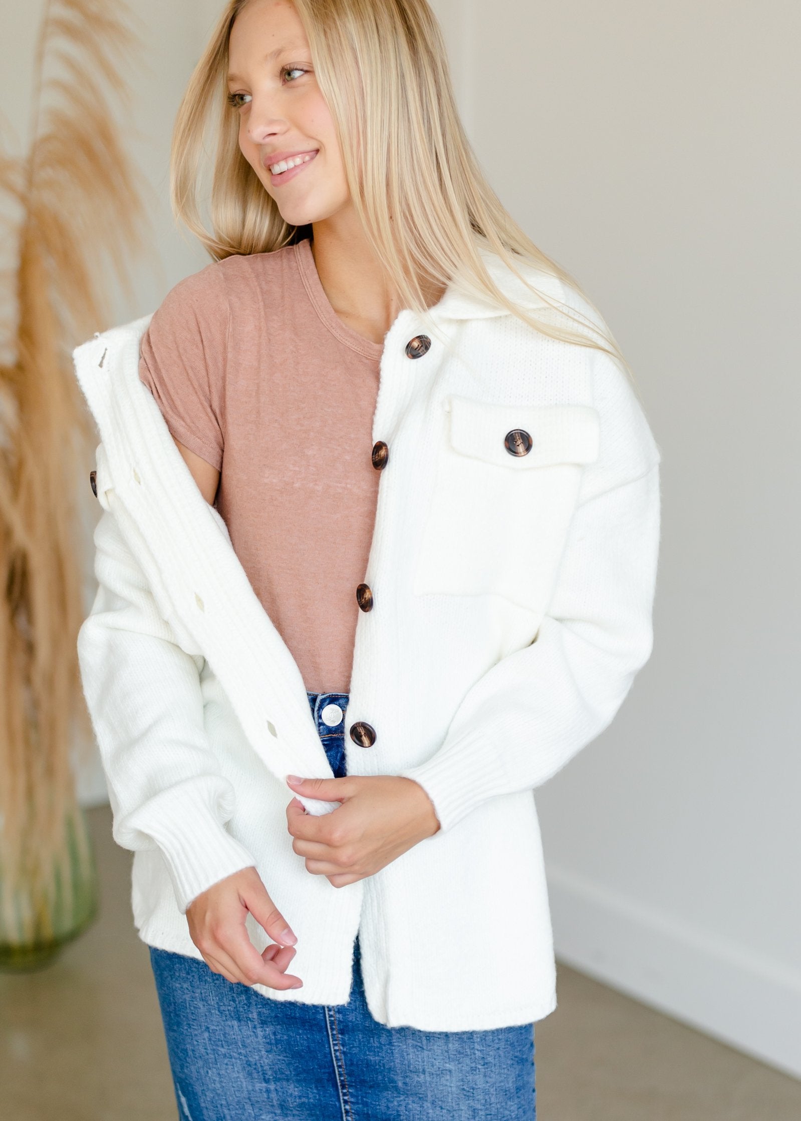 Ivory Button Down Sweater Jacket Tops Staccato
