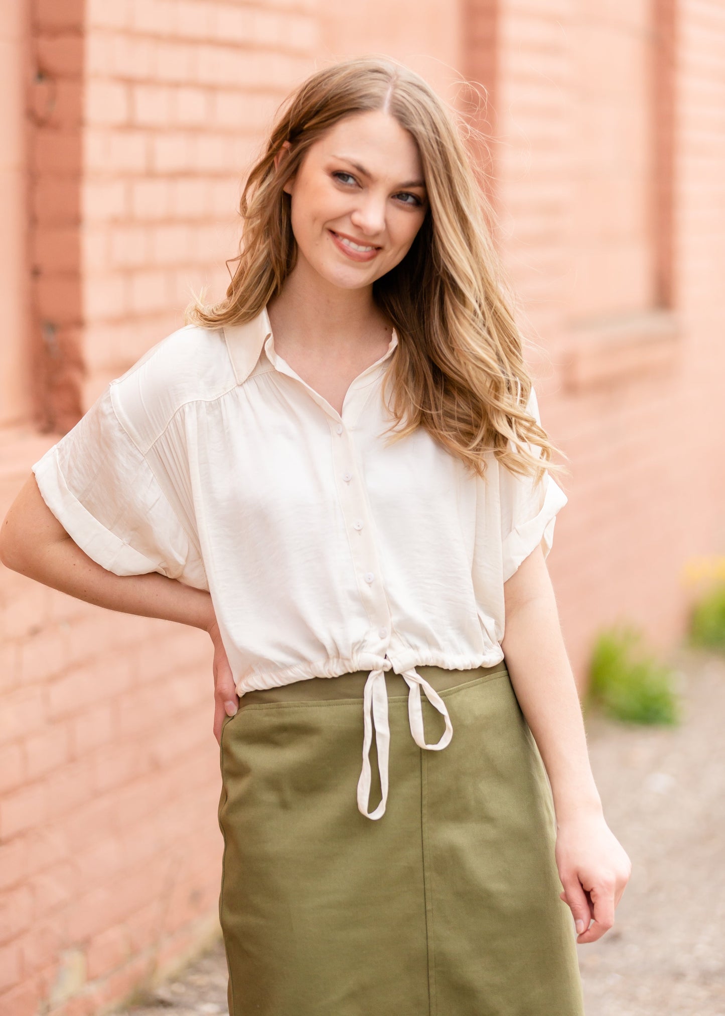 Ivory Button Up Cinched Waist Top Tops