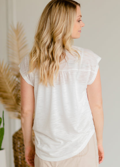 Ivory + Chambray Tie Neck Tee - FINAL SALE Tops