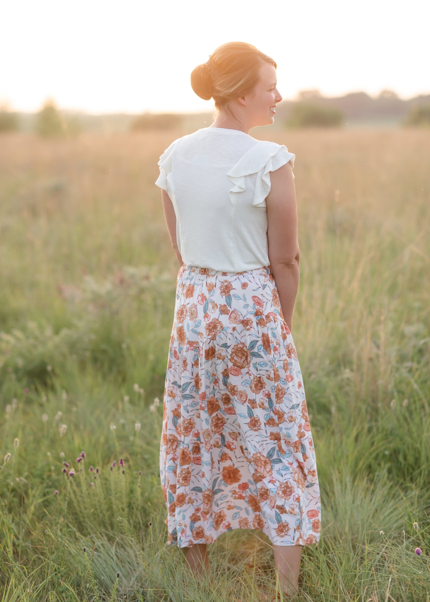 Ivory Floral Elastic Waist Midi Skirt - FINAL SALE Skirts