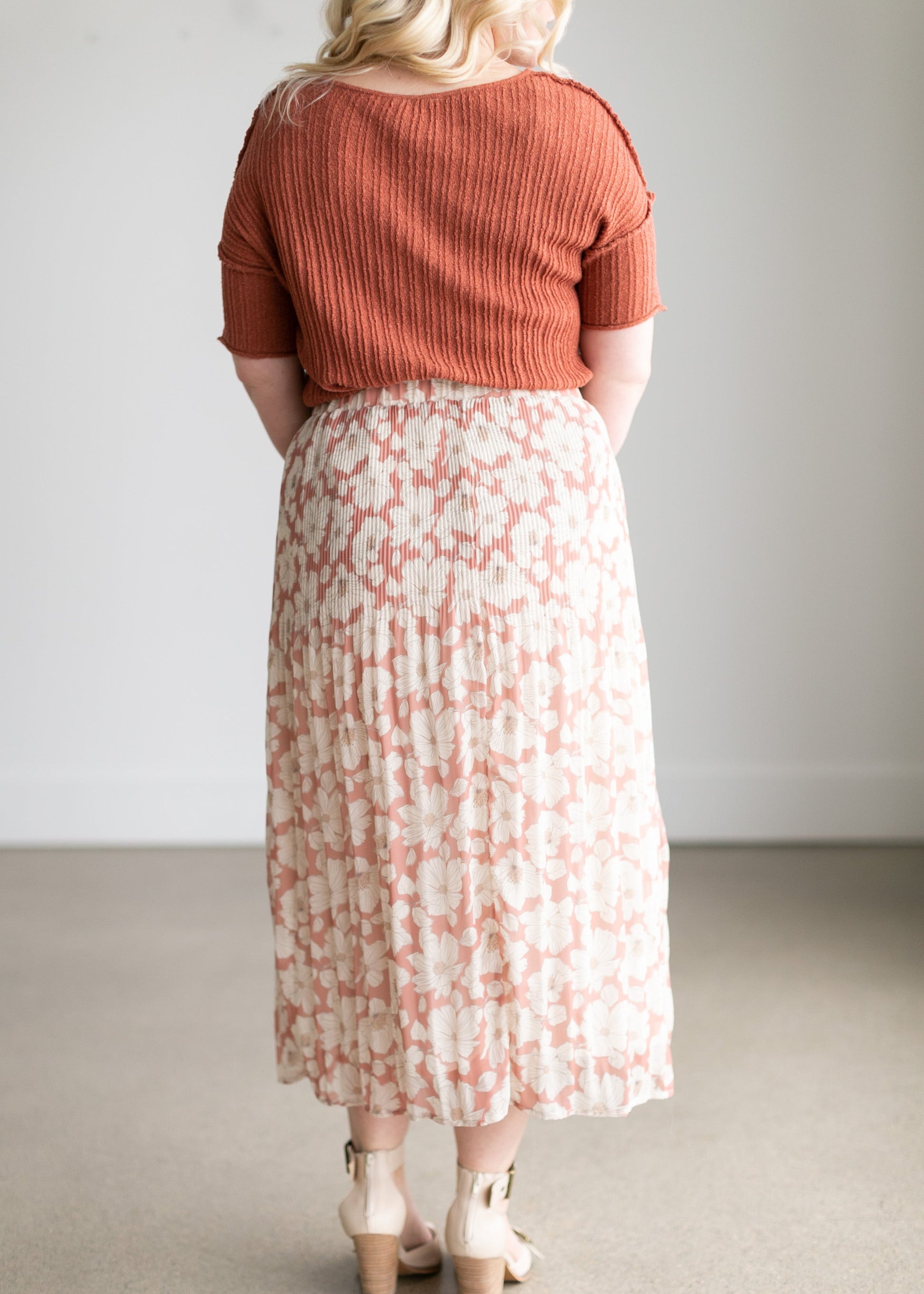 Ivory Floral Pleated Lined Midi Skirt Skirts