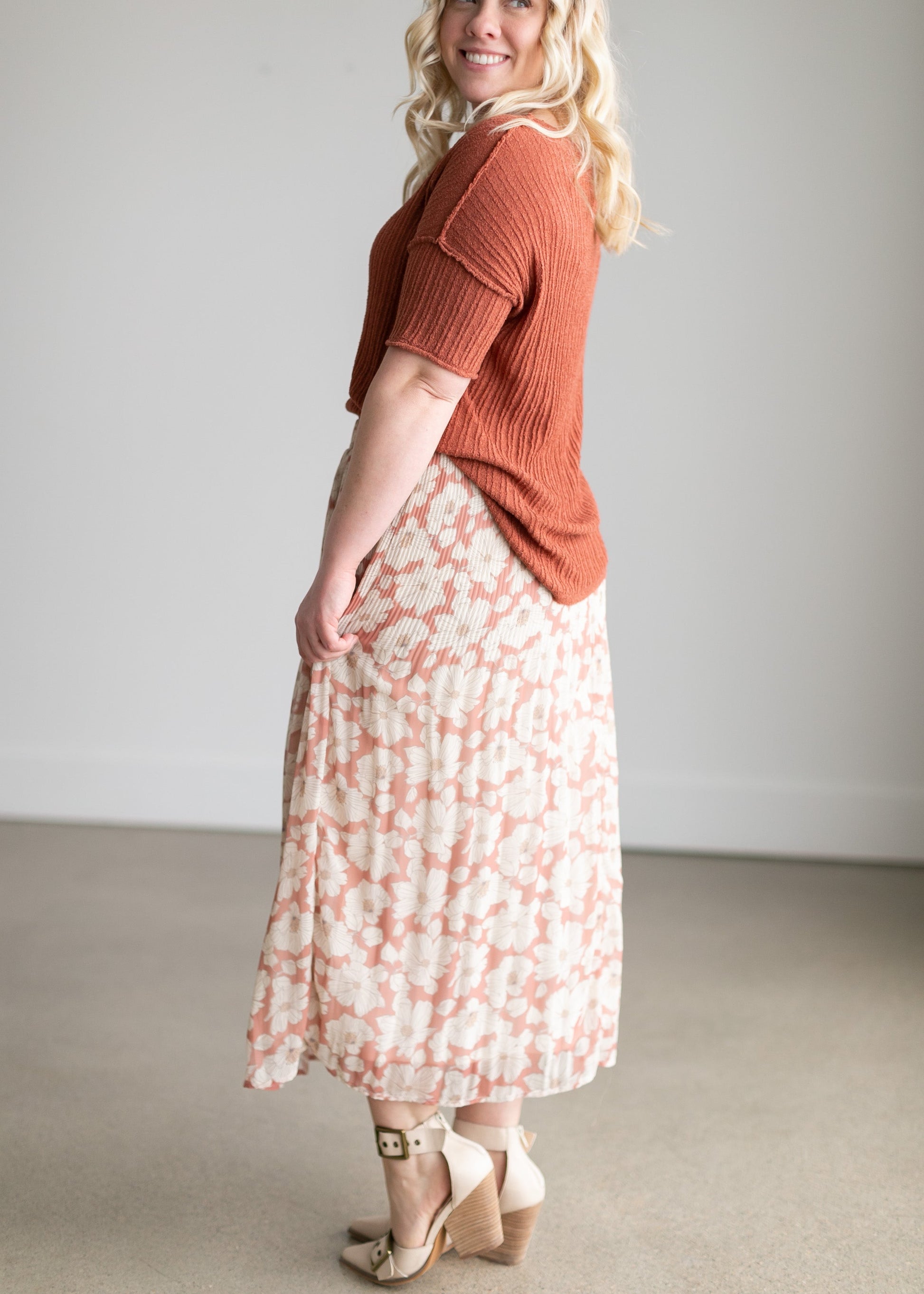 Ivory Floral Pleated Lined Midi Skirt Skirts