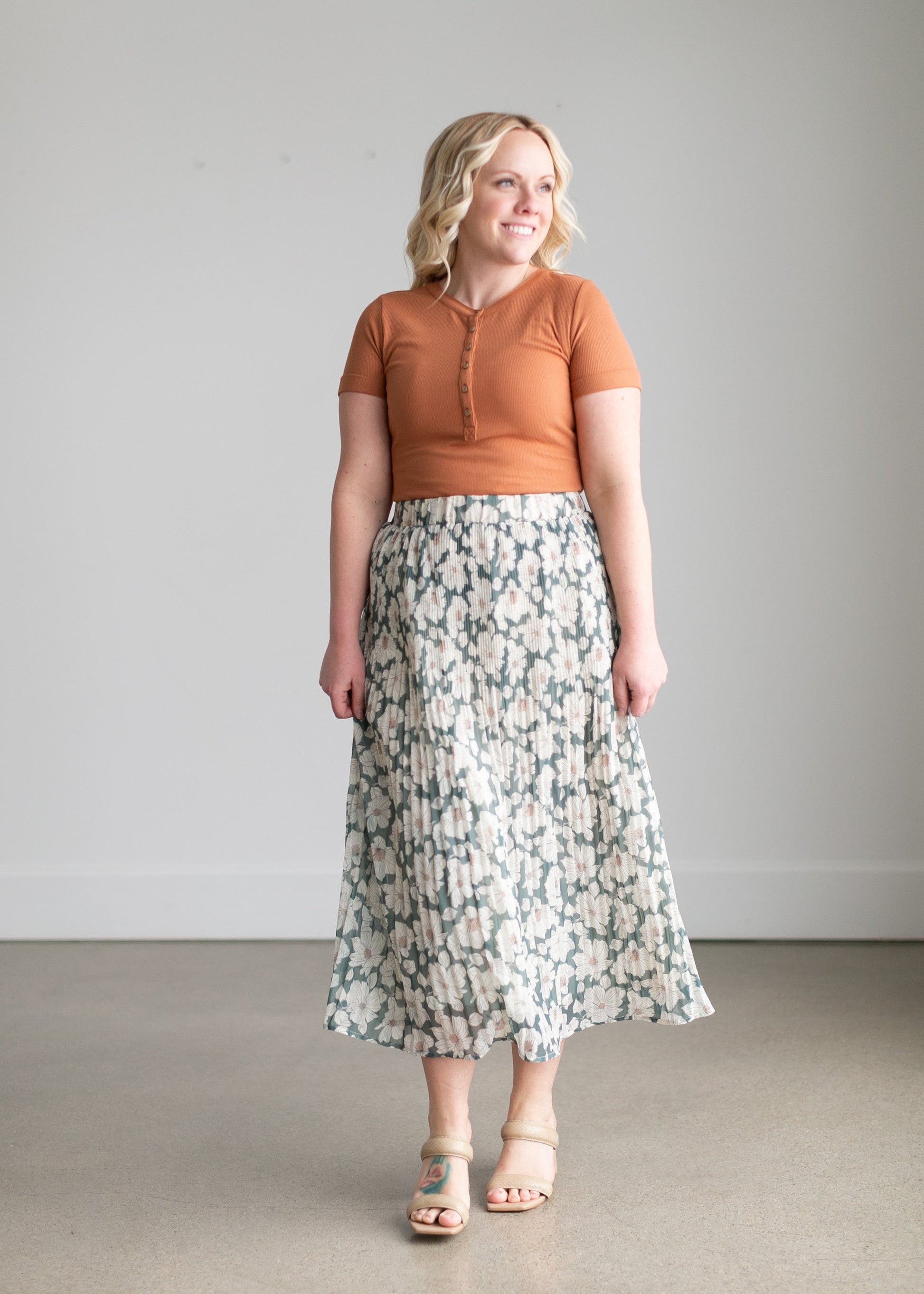 Ivory Floral Pleated Lined Midi Skirt Skirts