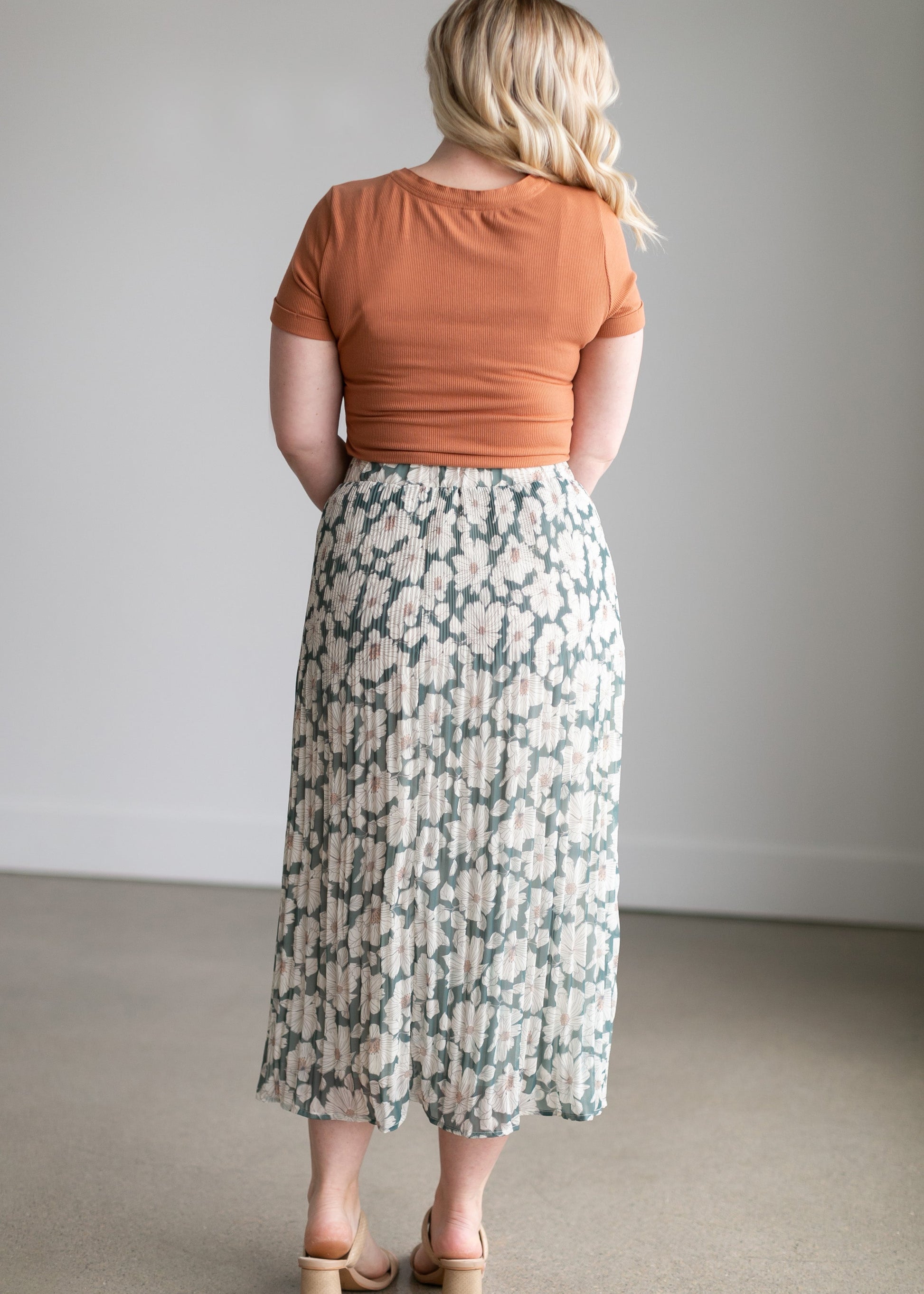 Ivory Floral Pleated Lined Midi Skirt Skirts